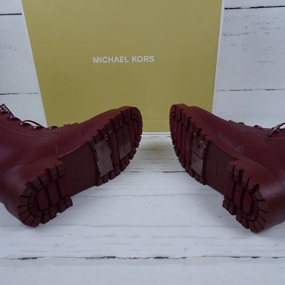 MICHAEL Michael Kors Women's Montaigne Rain Boots Faux Fur Logo Dark Berry New 6
